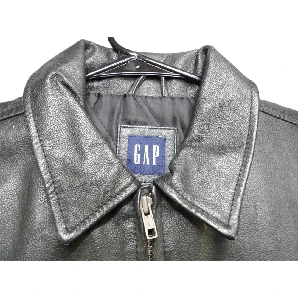 VTG Y2K Gap Black Leather Full Zipper Bomber Jacket Youth Boys M 7-8 Retro Biker